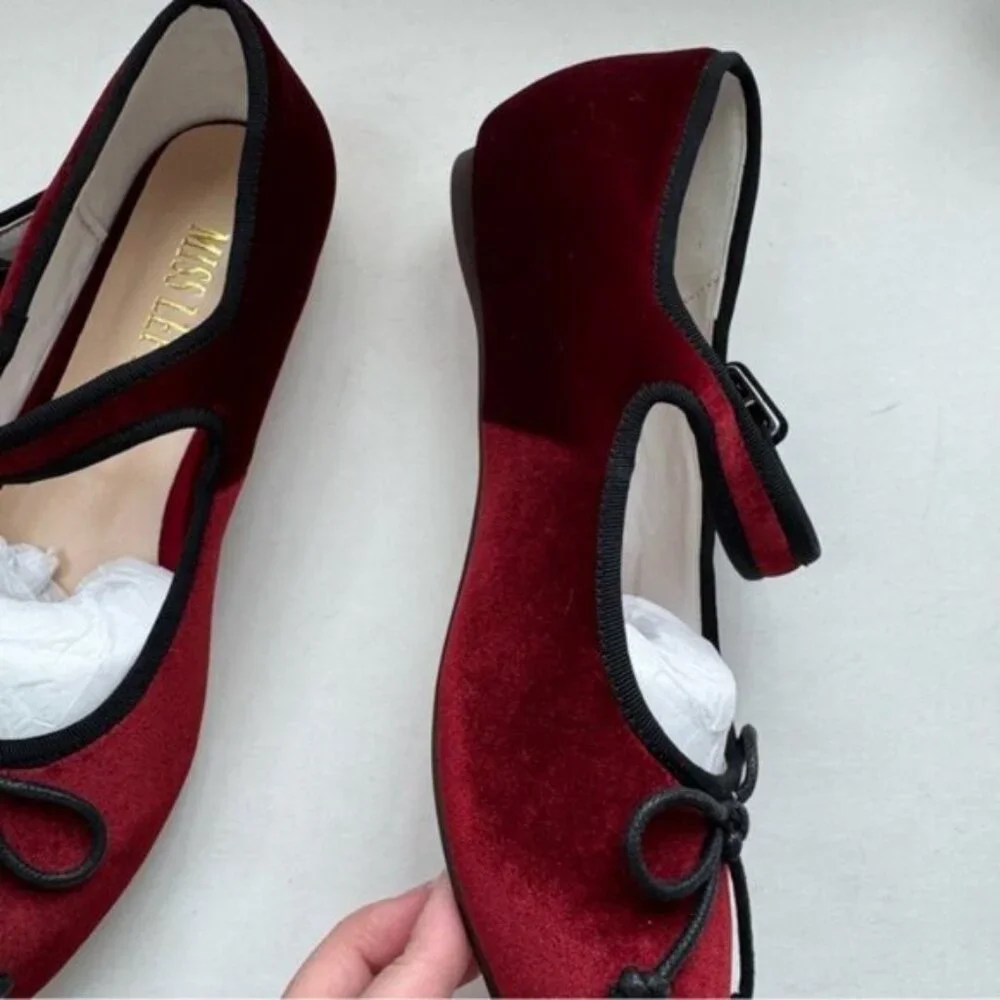 Size 7.5 Miss Left Women Bowknot Ankle Strap Classic Ballet Flats Burgundy - Picture 9 of 12